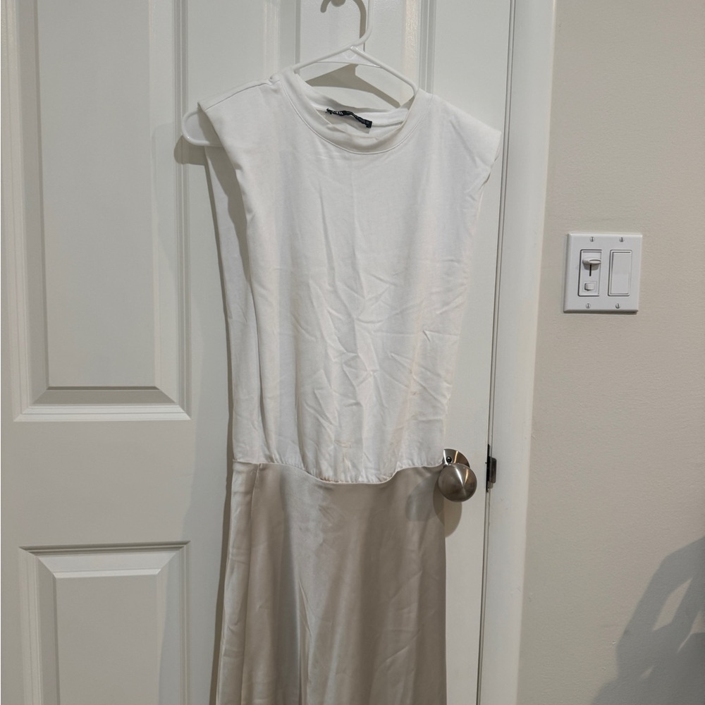 Zara Satin White and Beige Dress